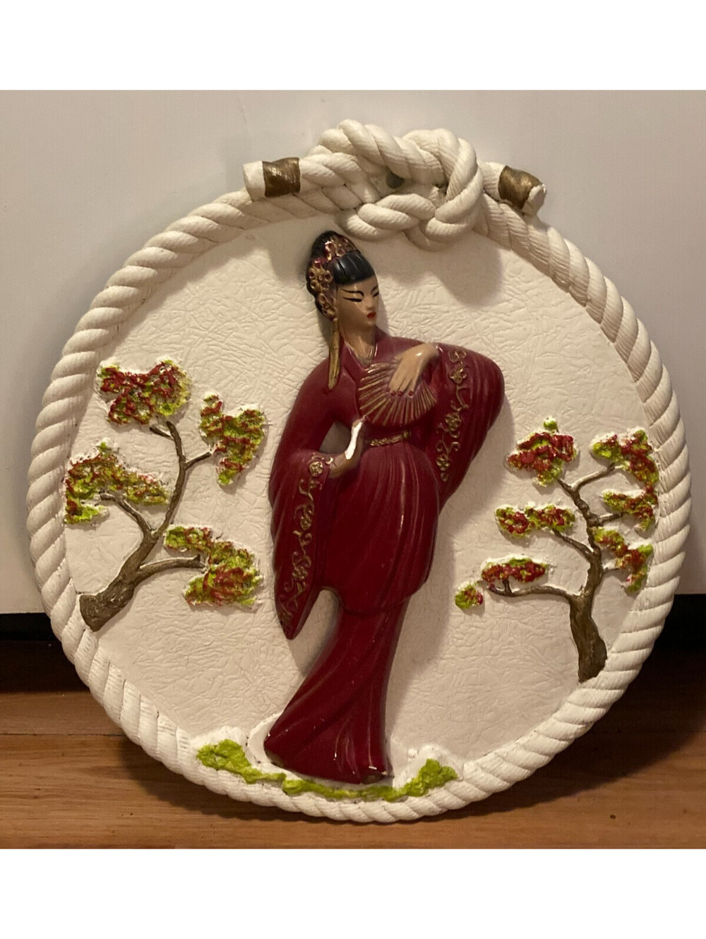 Chalkware Round Wall Plaque Asian Raised Red Floral Decor - DURO hand finished